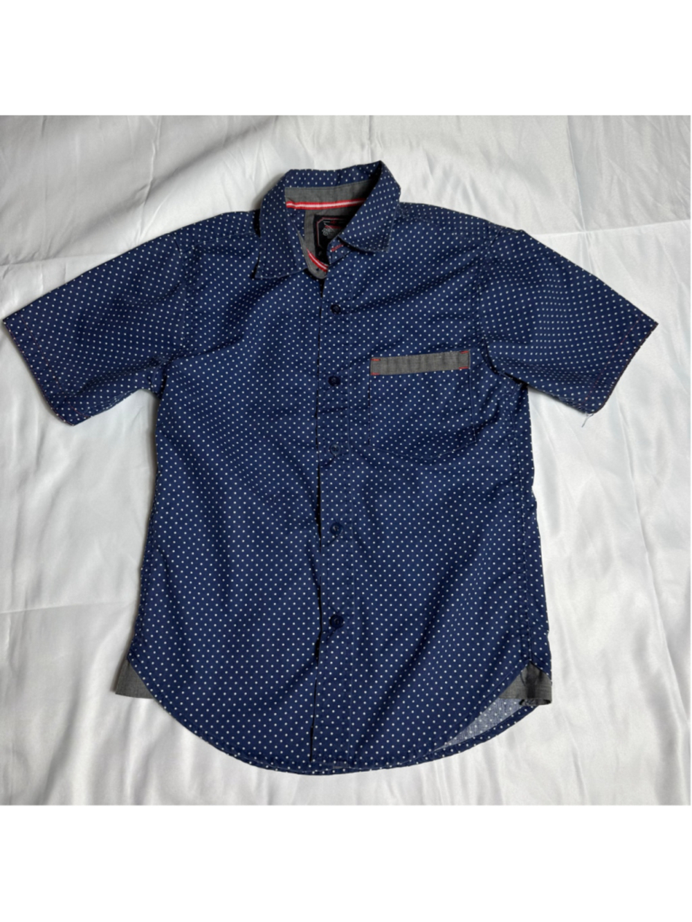 Boys Retro Stitch Button Down Shirt Size 8 Blue White Polka Dot